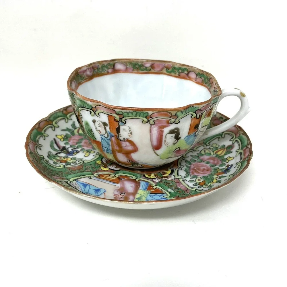 Antique Rose Medallion Chinese Porcelain Tea Cup & Saucer‎ Lot Of 3 Asian Art